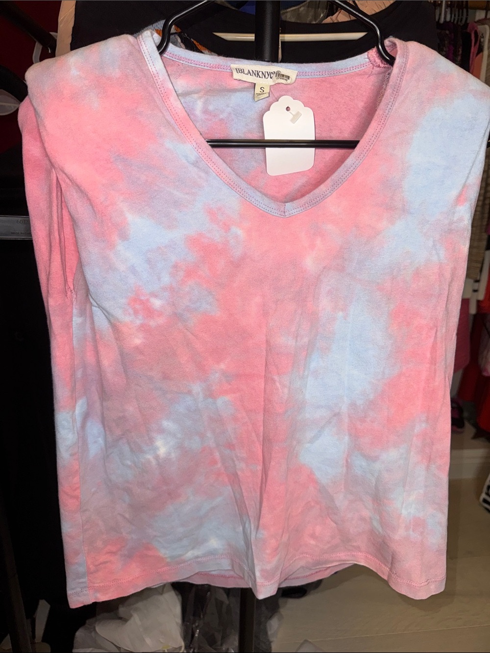 Blank NYC Pink and Light Blue Tie-Dye V-Neck Long Sleeve Top